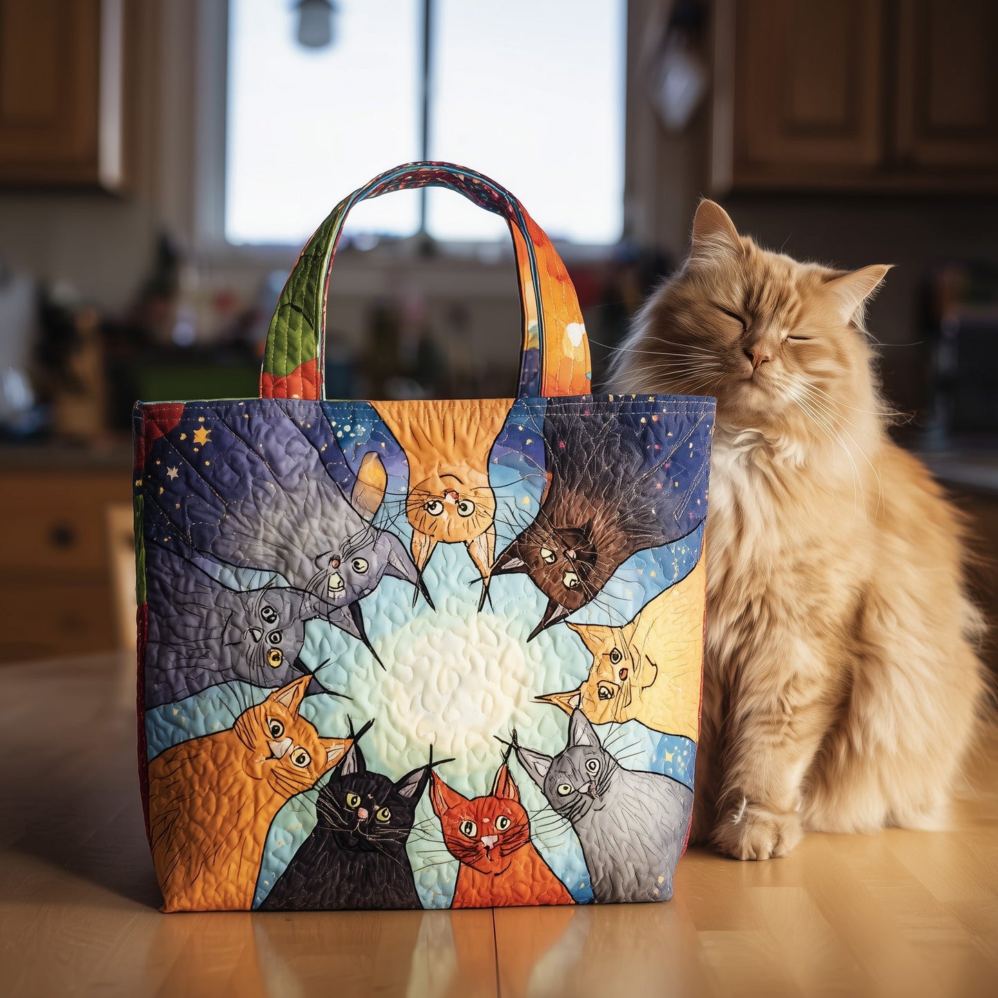 Colorful Cats Circle Quilted Tote
