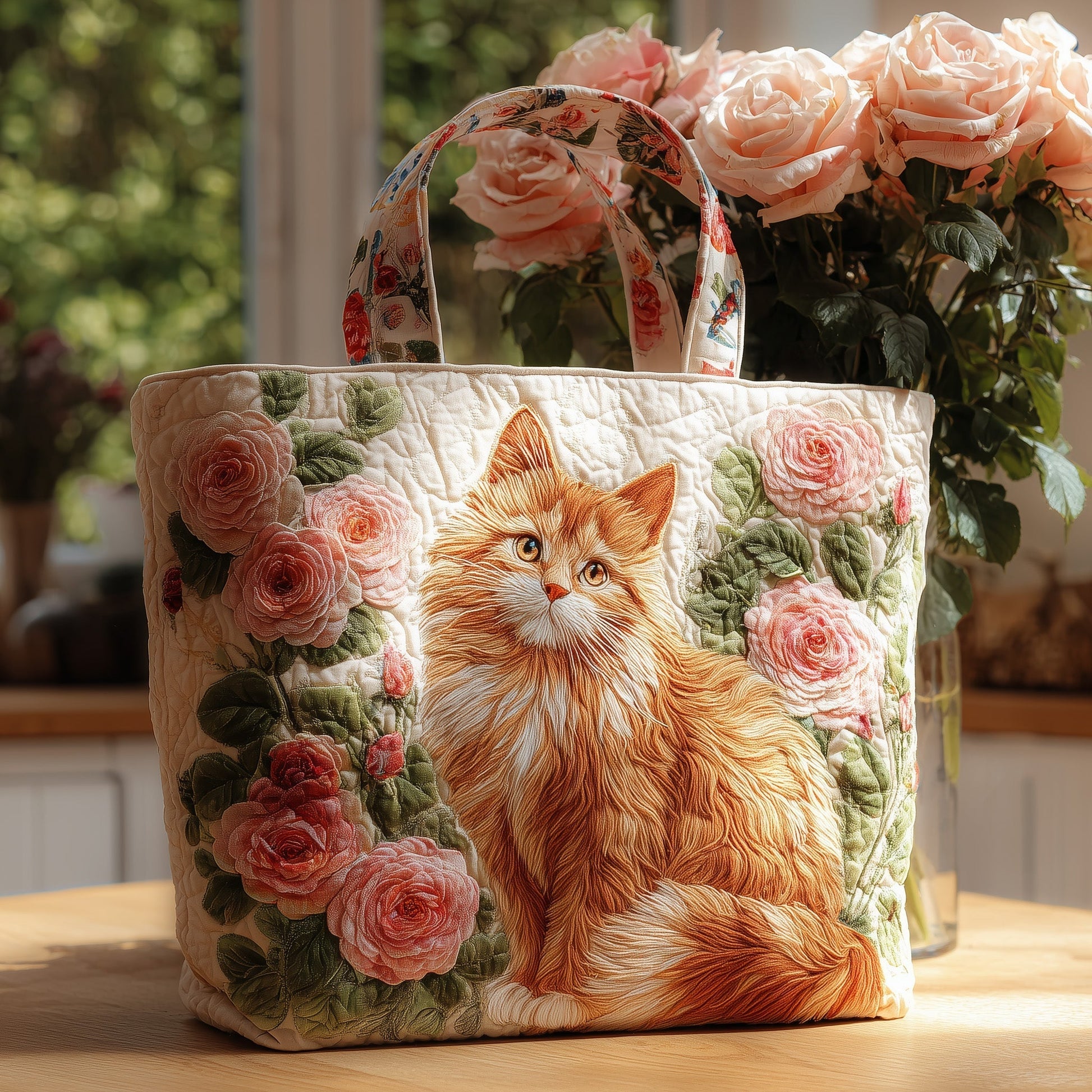 Everyday Cat Roses Quilted Tote