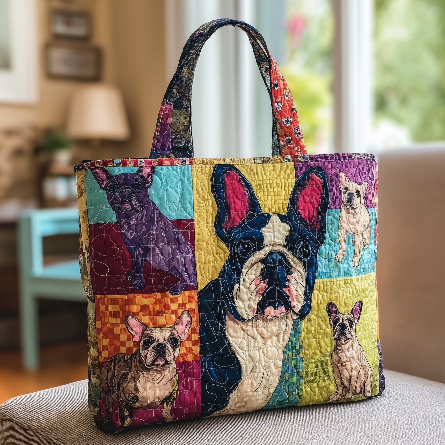 Colorful French Bulldogs Quilted Tote