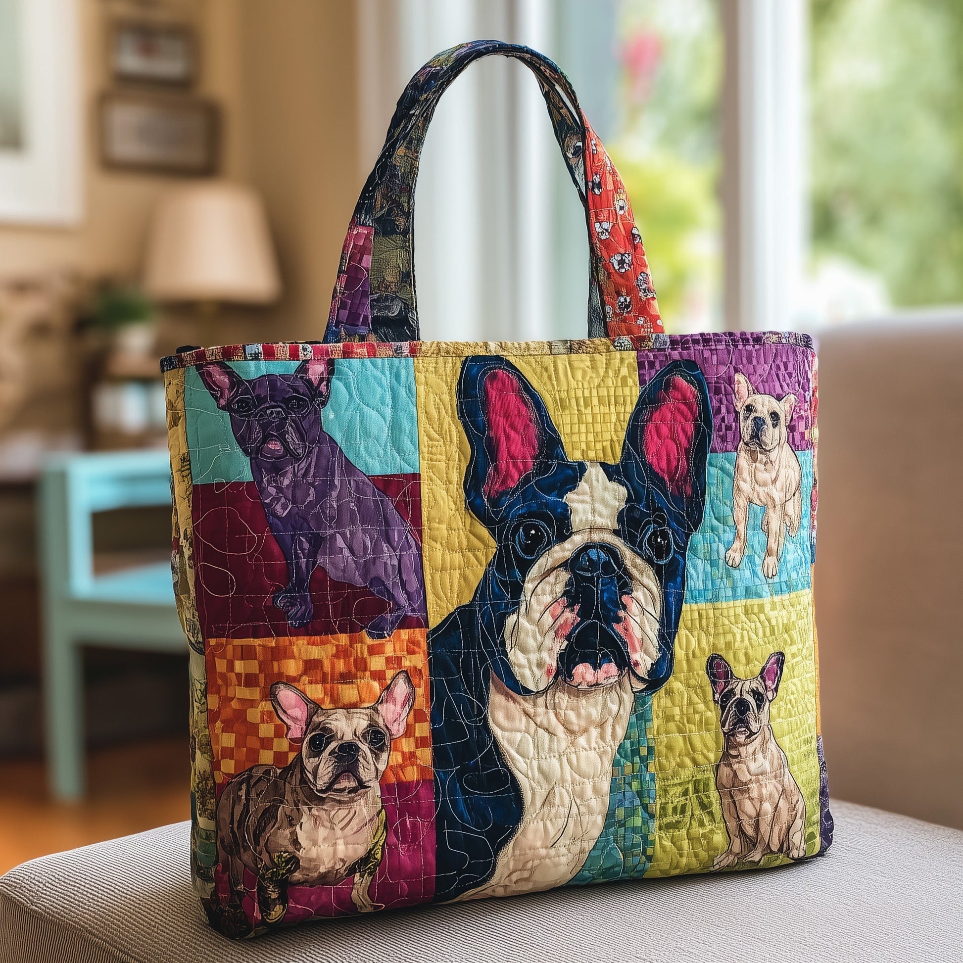 Colorful French Bulldogs Quilted Tote
