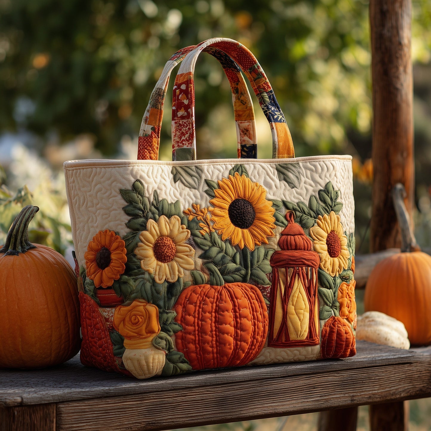 Sunflowers Pumpkin Lantern Quilted Tote