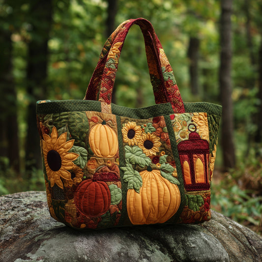Autumn Pumpkins Sunflowers Quilted Tote