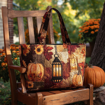 Lantern Pumpkin Autumn Leaves Quilted Tote
