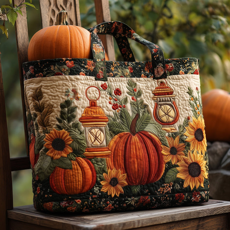 Lanterns Pumpkins Sunflowers Quilted Tote