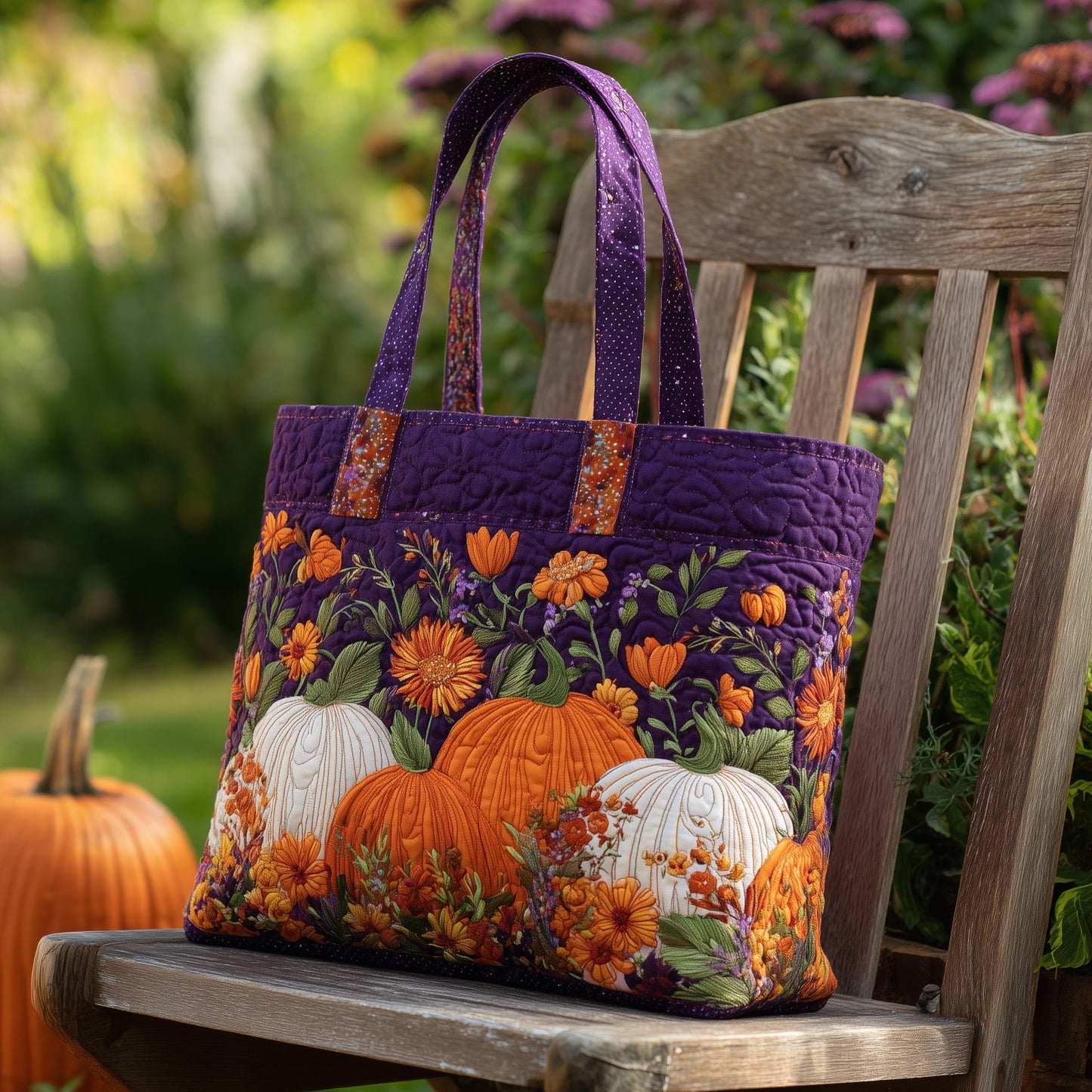 Pumpkins Autumn Flowers Quilted Tote
