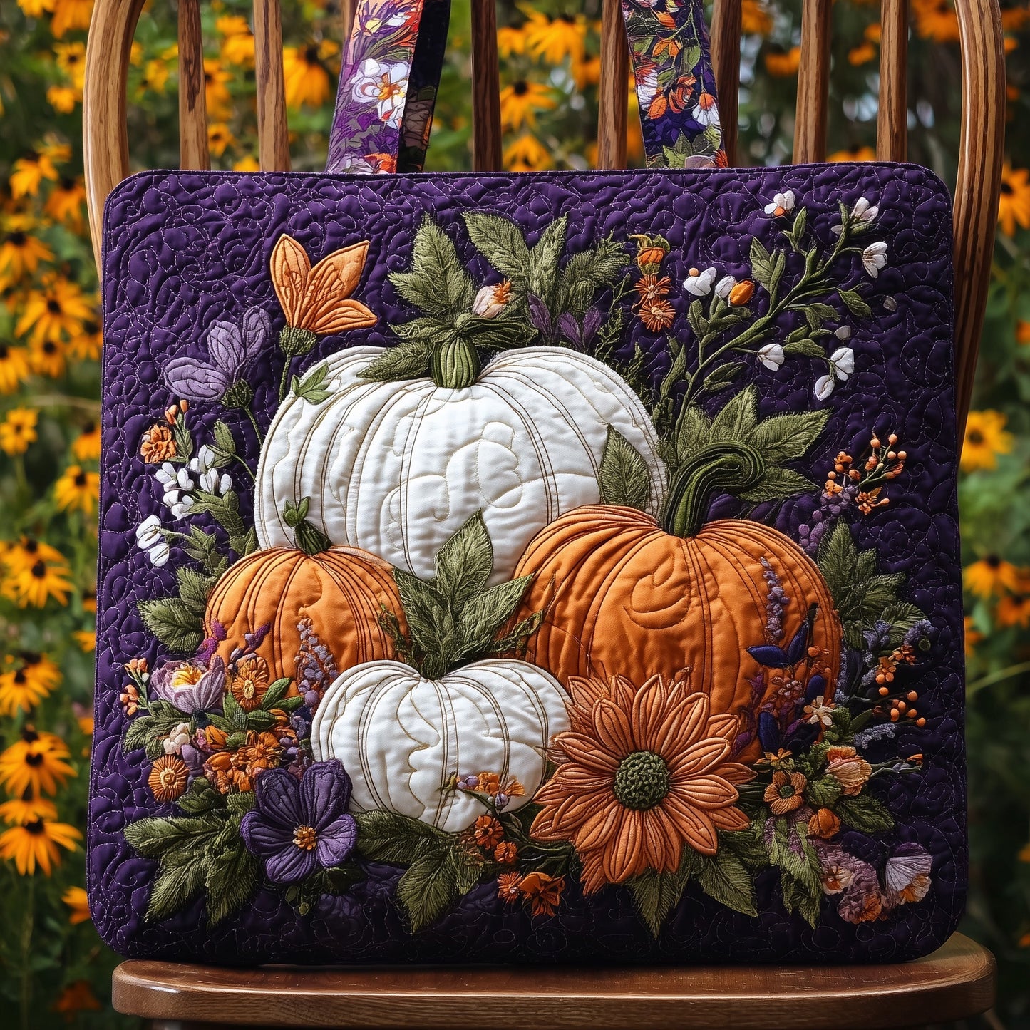 White Orange Pumpkins Quilted Tote
