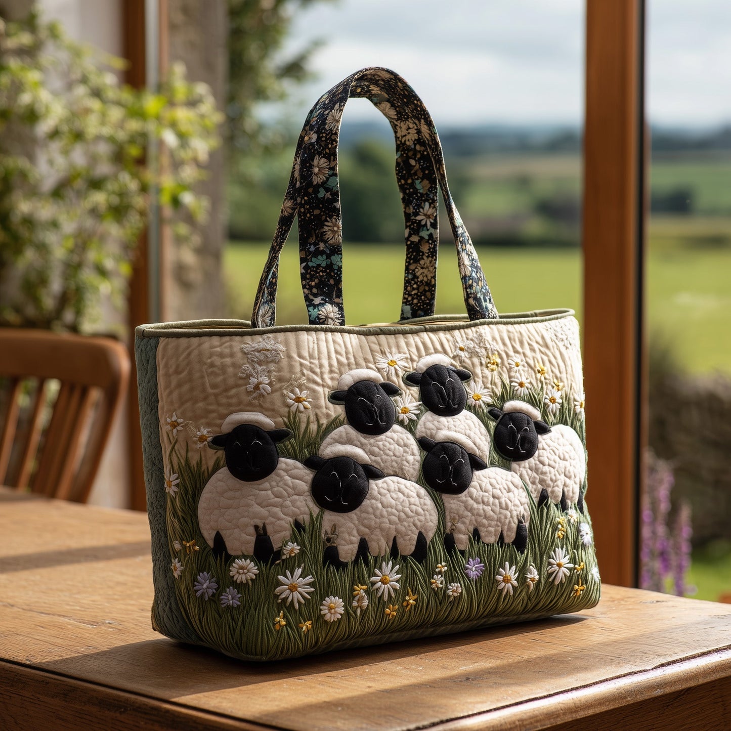 Everyday Sheep Flowers Quilted Tote