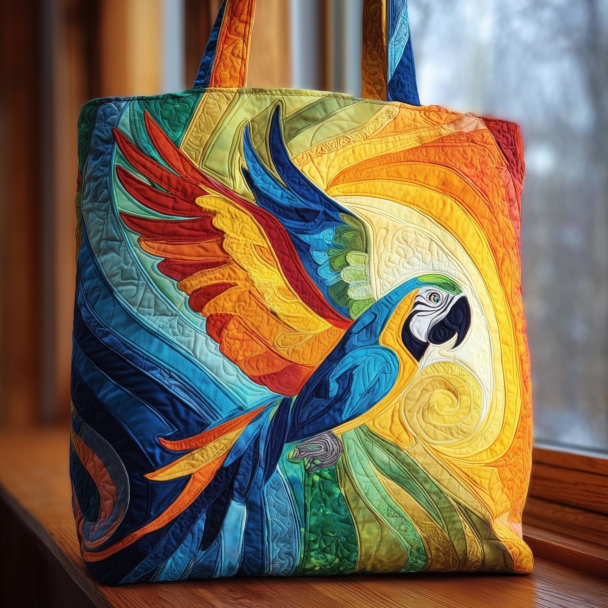 Colorful Parrot Illustration Quilted Tote