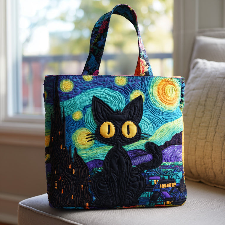 Starry Night Black Cat Quilted Tote