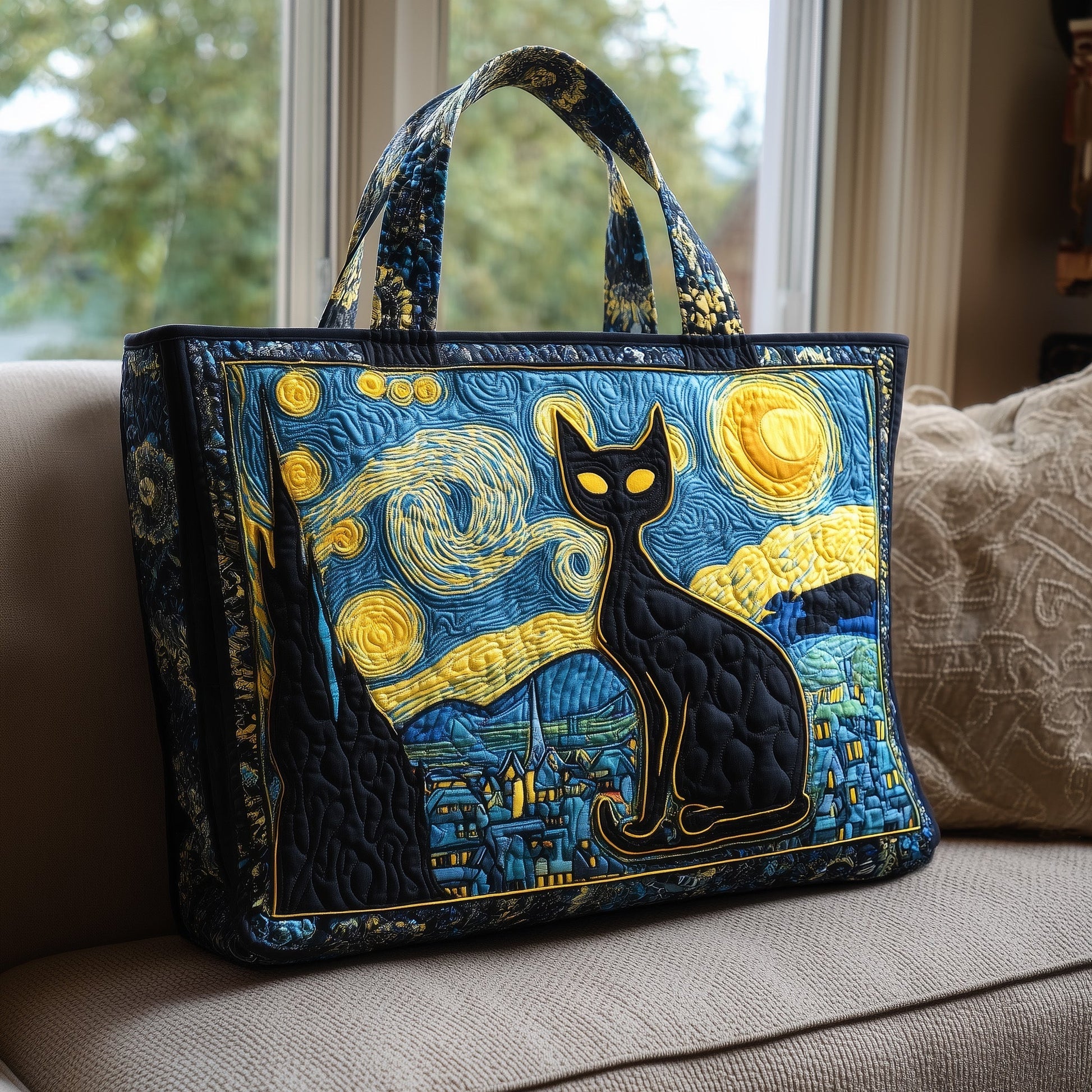 The Starry Night Black Cat Quilted Tote