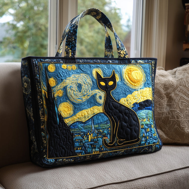 The Starry Night Black Cat Quilted Tote