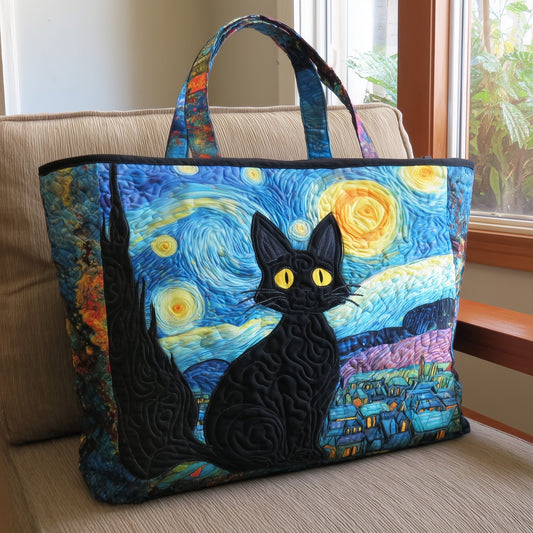 Black Cat Starry Night Quilted Tote