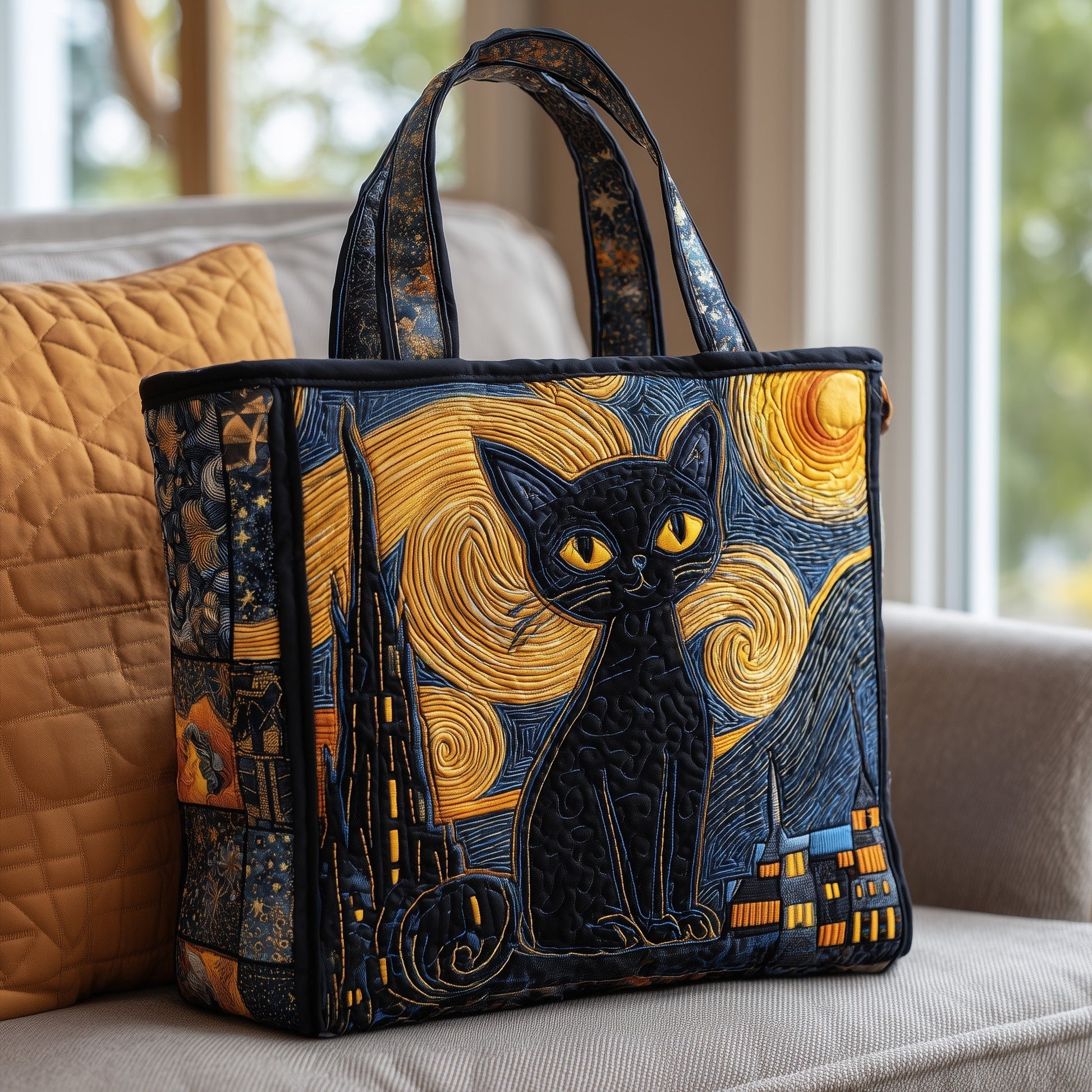 Black Cat Under Starry Quilted Tote