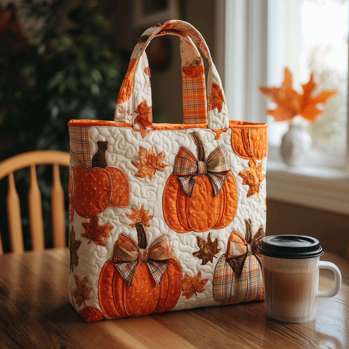 Pumpkins Autumn Leaves Quilted Tote