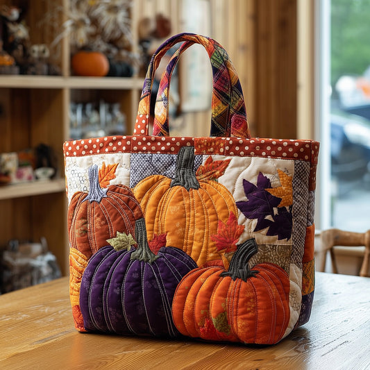 Autumn Pumpkins Leaves Quilted Tote