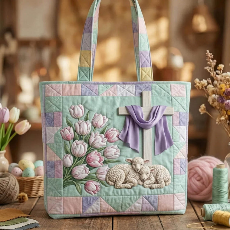 Lambs Cross Tulips Quilted Tote