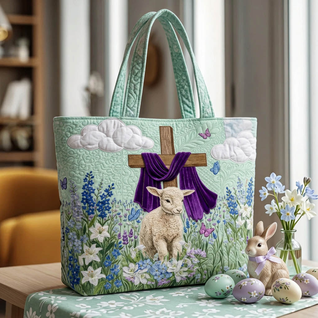 Lamb Cross Spring Flowers Quilted Tote