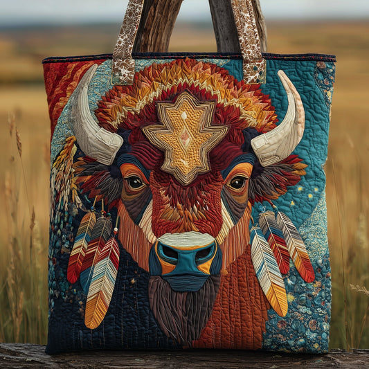 Bison Head Feathers Quilted Tote