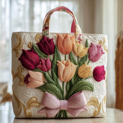 Tulip Floral Embroidery Quilted Tote