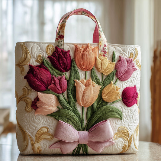 Tulip Floral Embroidery Quilted Tote