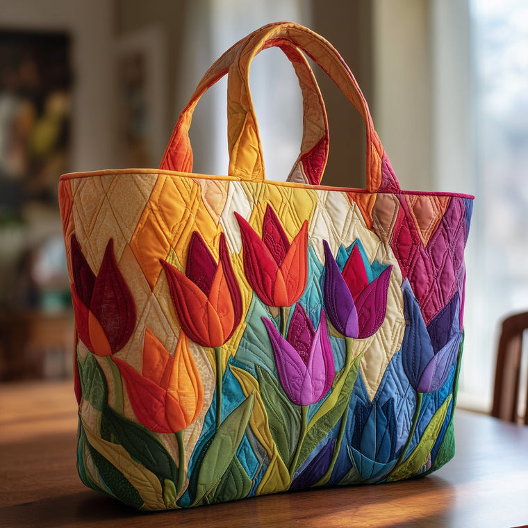 Colorful Tulip Flowers Quilted Tote