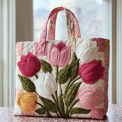 Pink White Tulips Quilted Tote