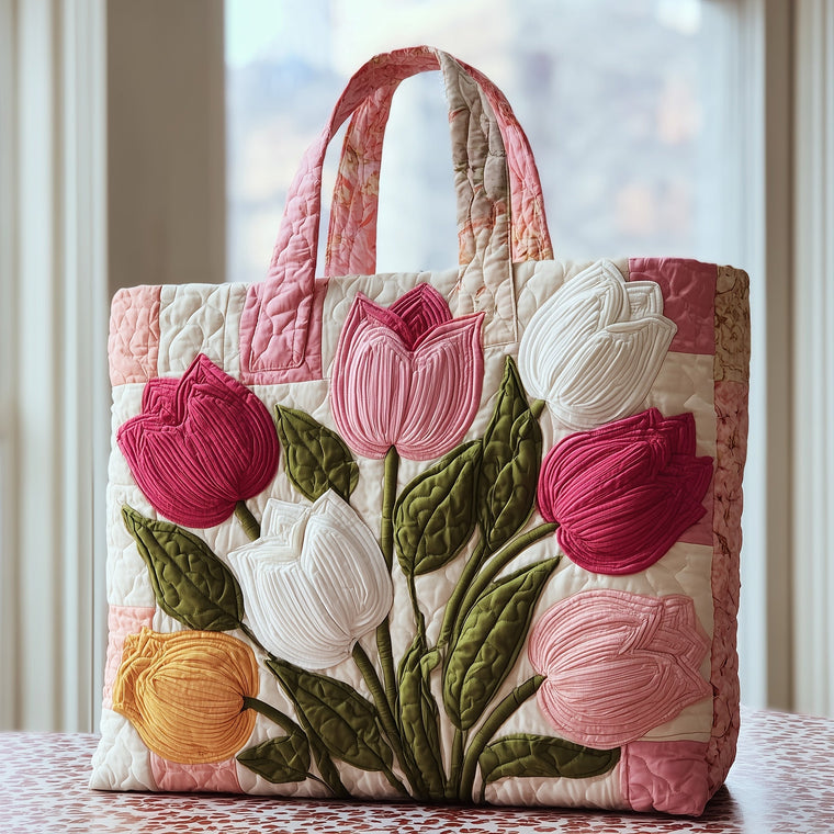 Pink White Tulips Quilted Tote