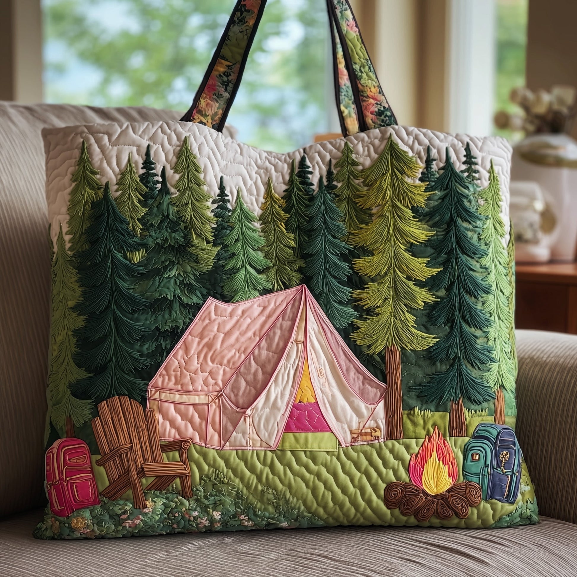 Forest Camping Scene Quilted Tote