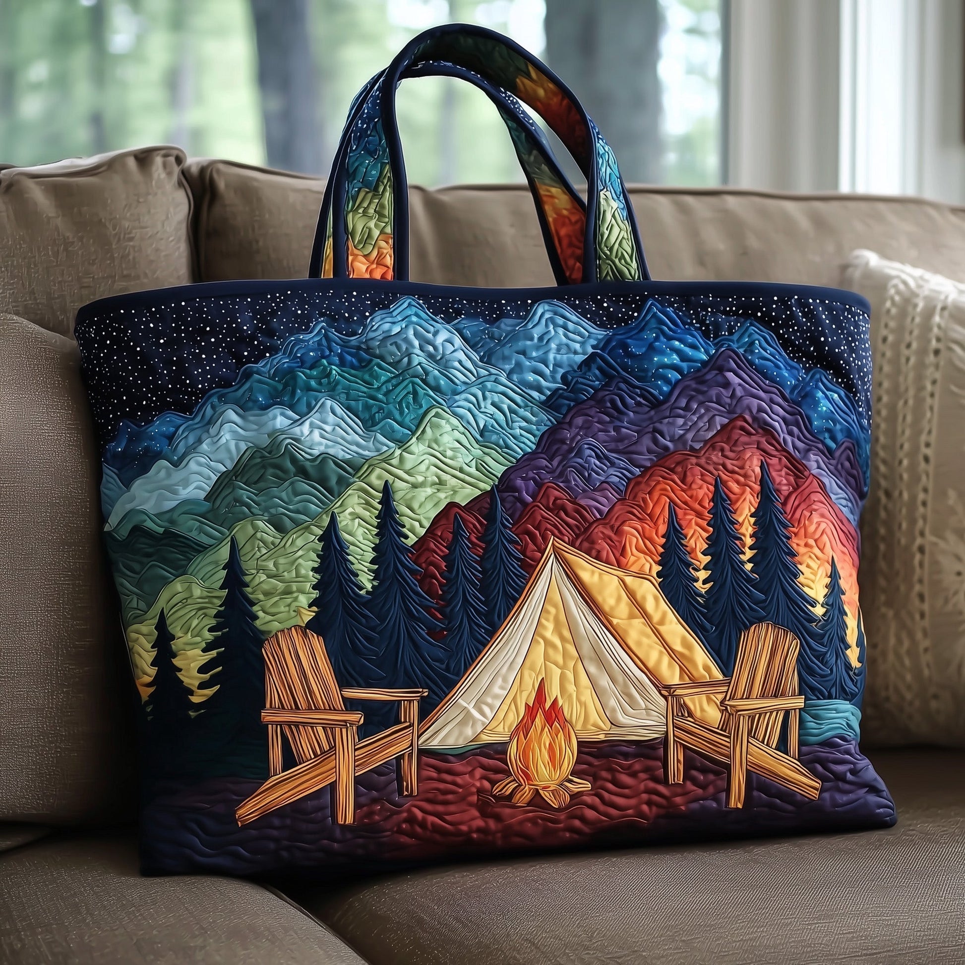 Campfire Tent Mountains Quilted Tote
