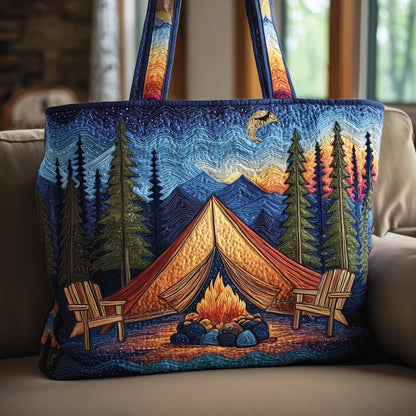 Campfire Tent Forest Scene Quilted Tote