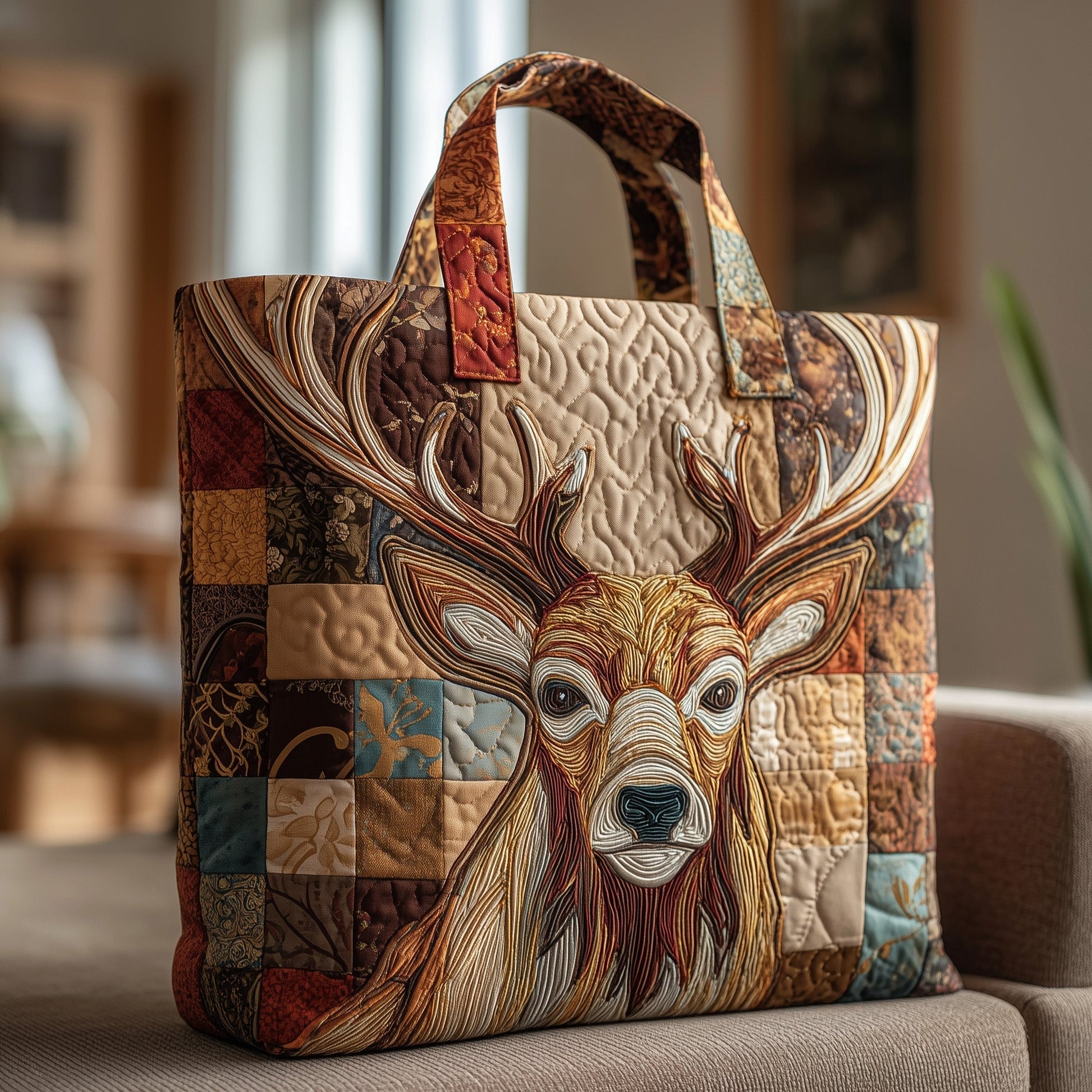 Deer Forest Patchwork Quilted Tote