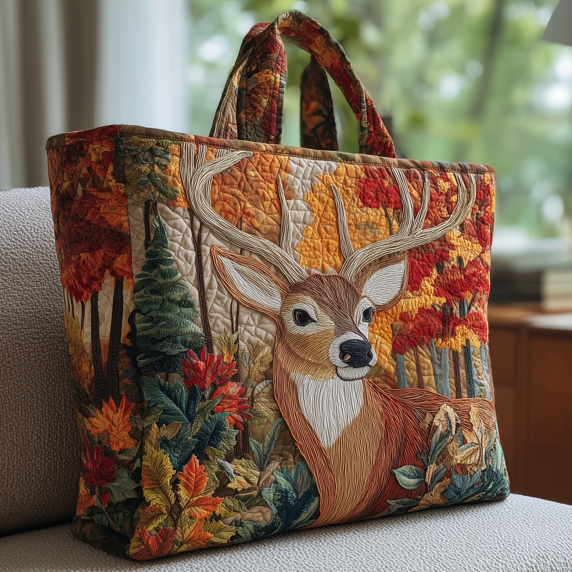 Deer In Autumn Forest Quilted Tote