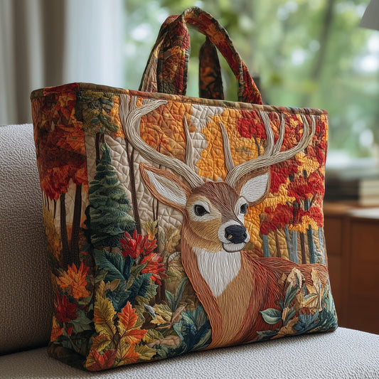 Deer In Autumn Forest Quilted Tote