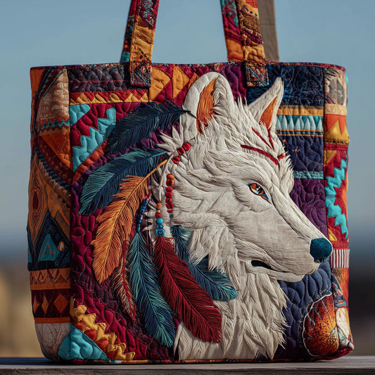 White Wolf Feathers Quilted Tote
