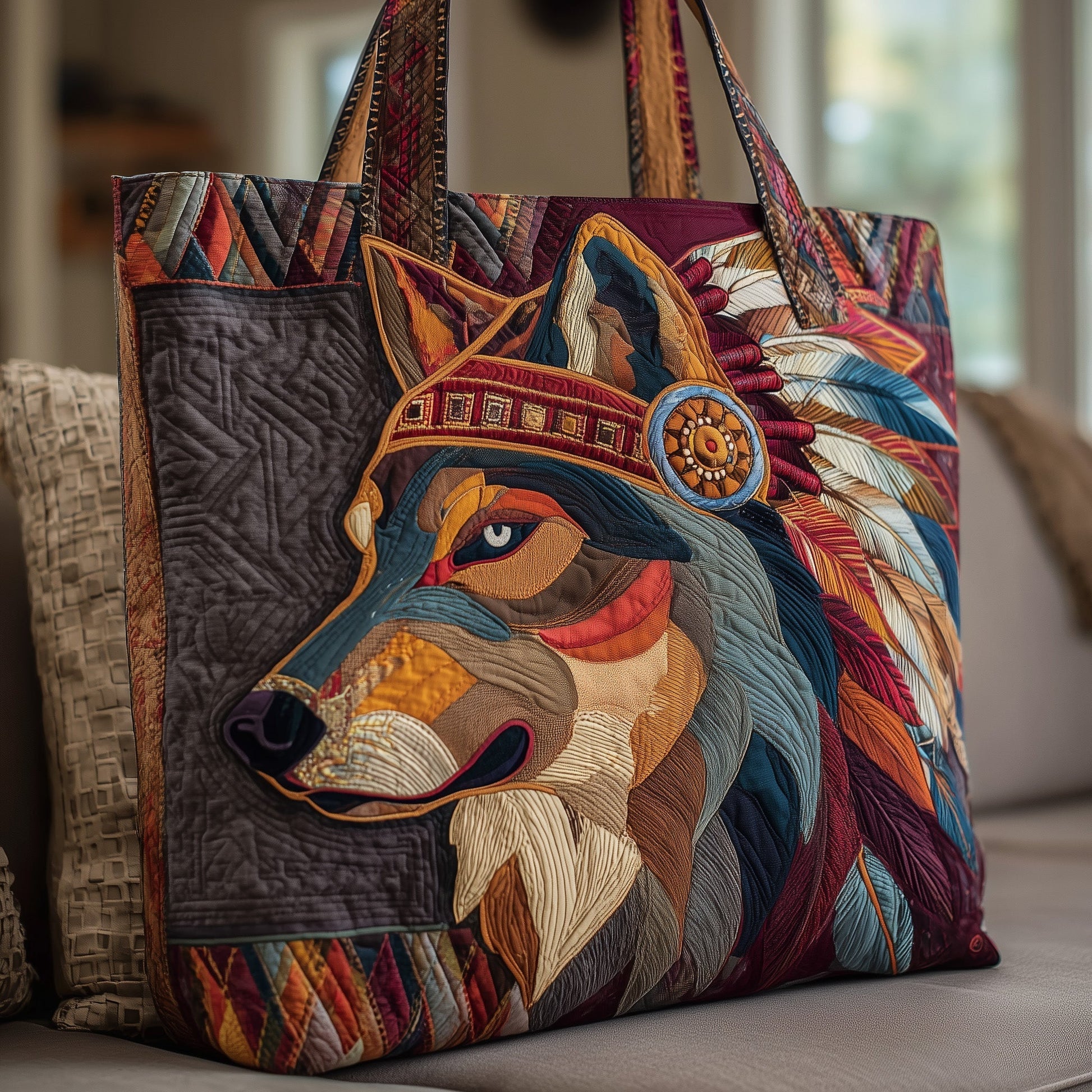 Native American Wolf Quilted Tote