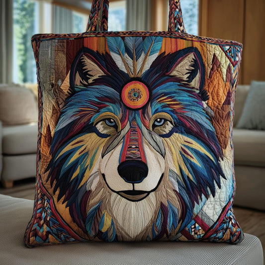 Colorful Native Wolf Quilted Tote