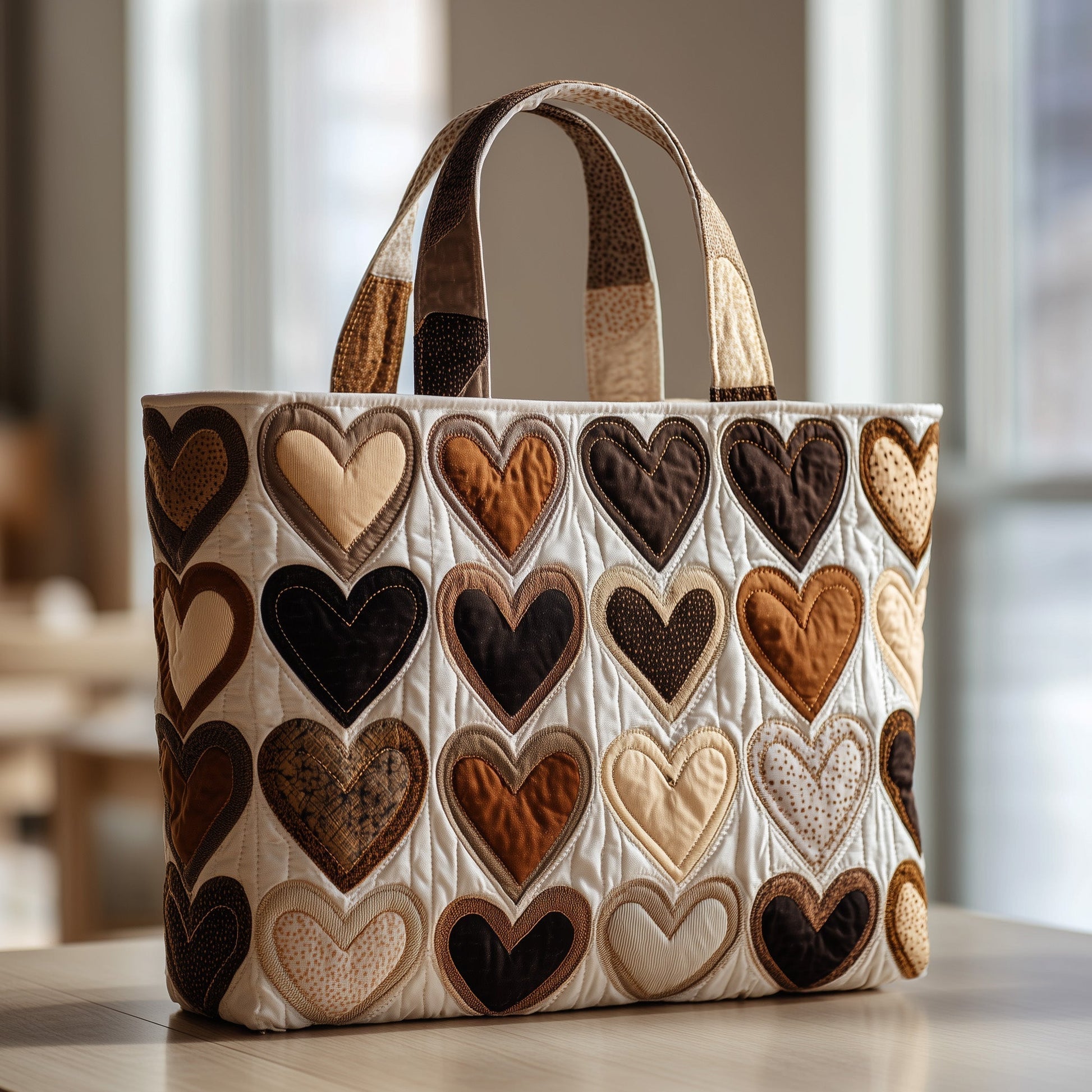 Brown Beige Hearts Quilted Tote