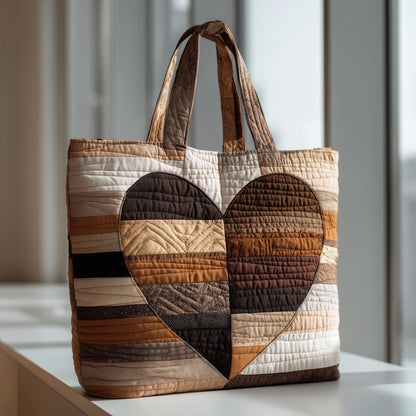 Brown Heart Patchwork Quilted Tote