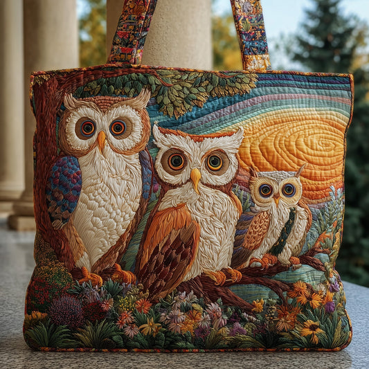 Owls In Forest Scene Quilted Tote