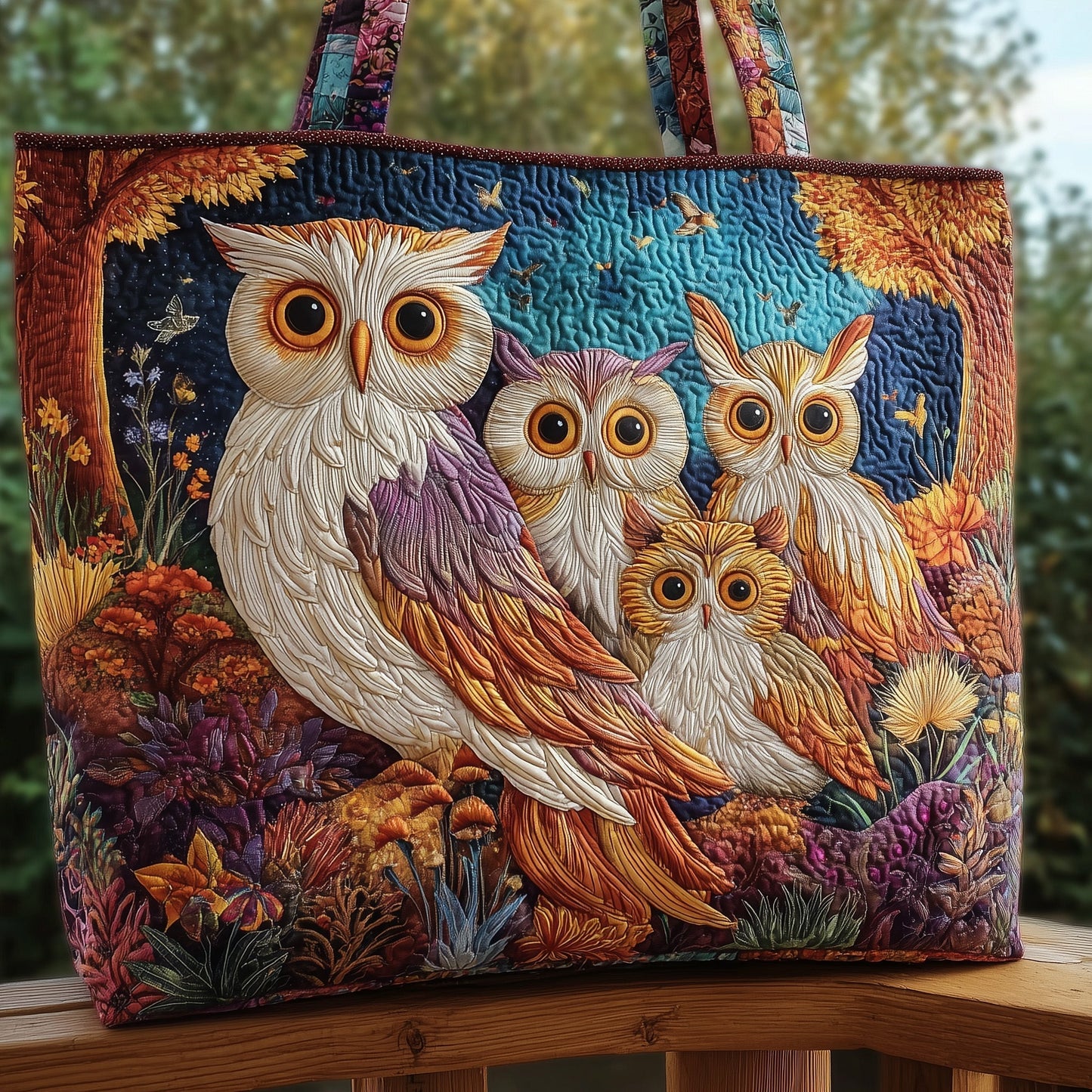 Owls In Forest Scene Tote Bag
