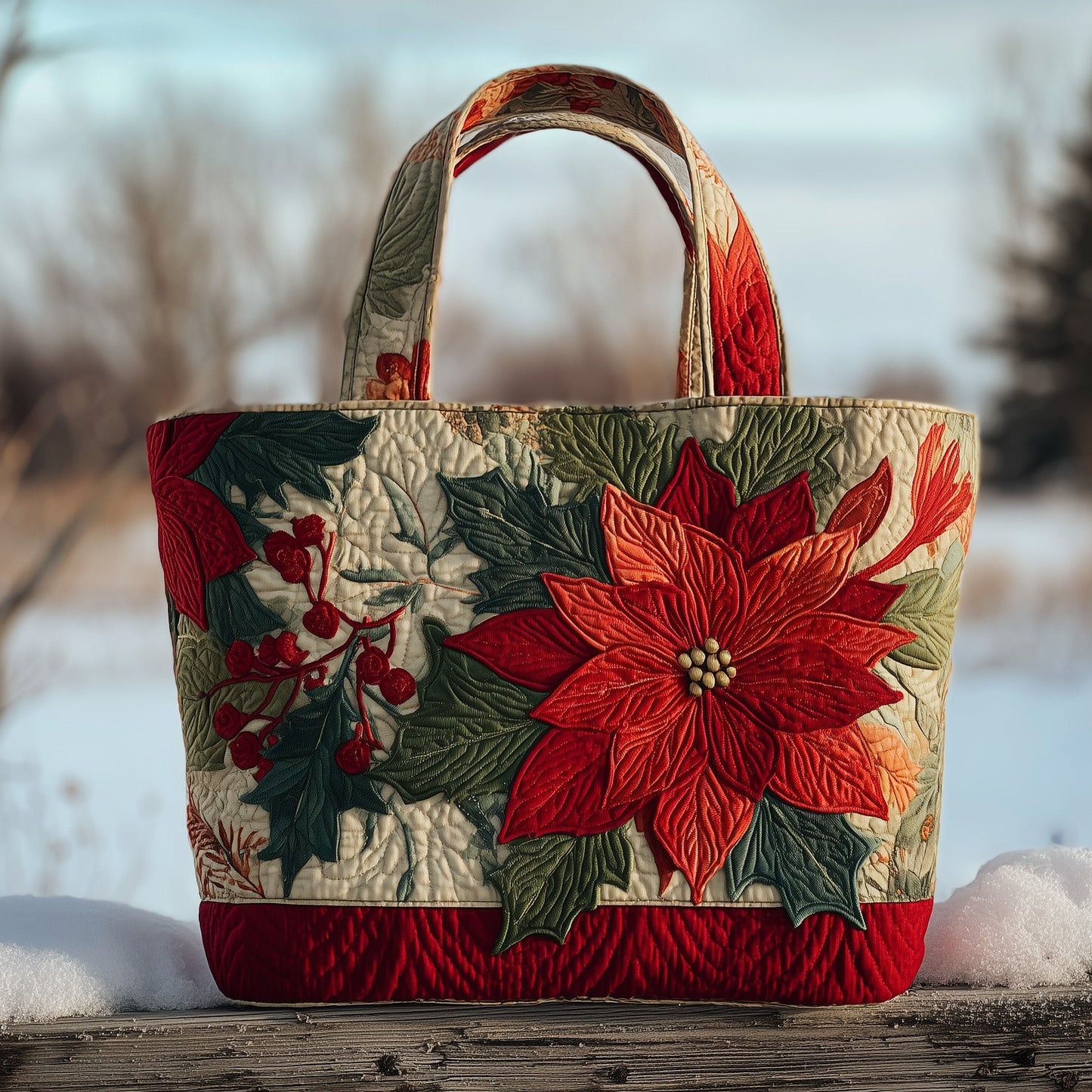 Everyday Poinsettia Floral Quilted Tote