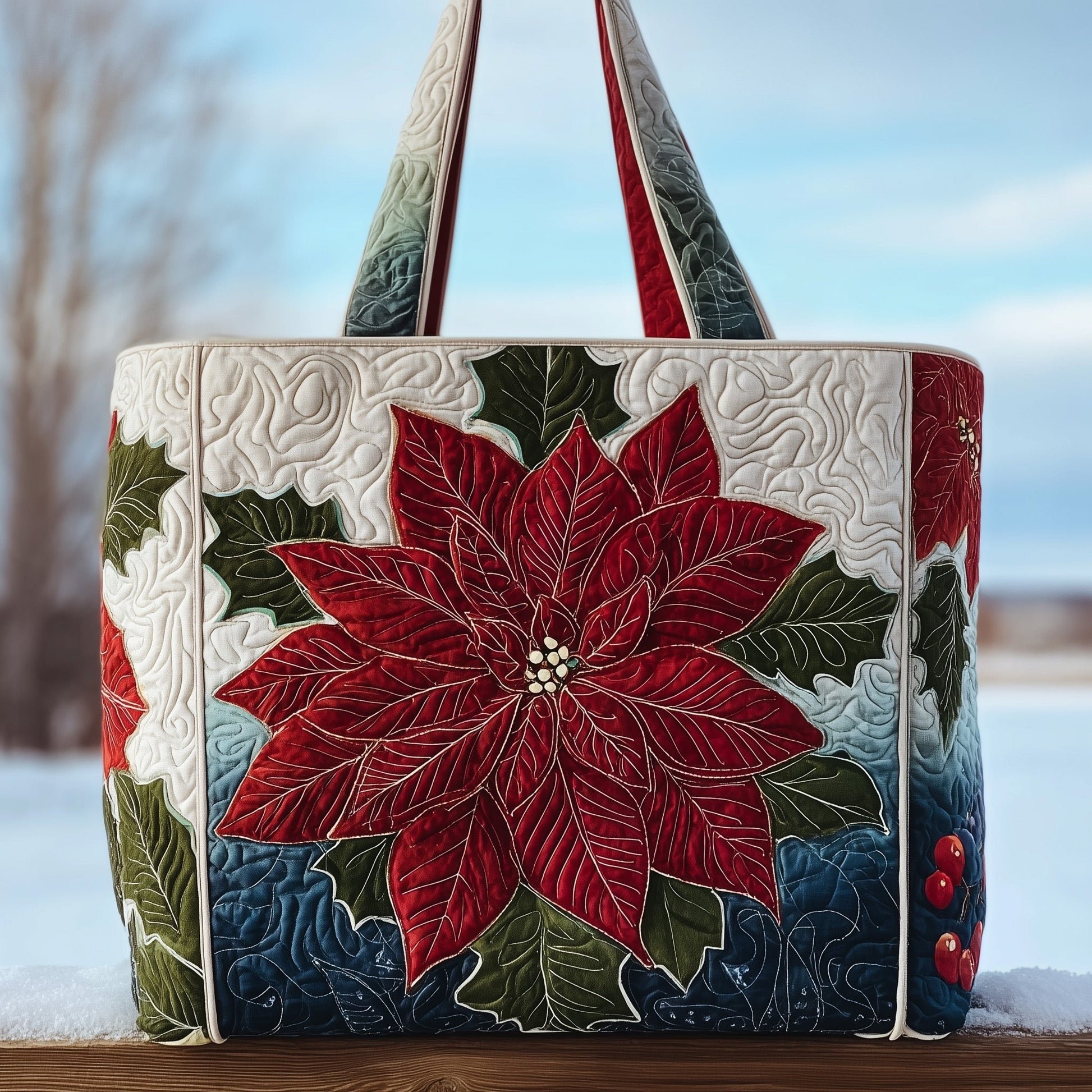 Red Poinsettia Flower Quilted Tote