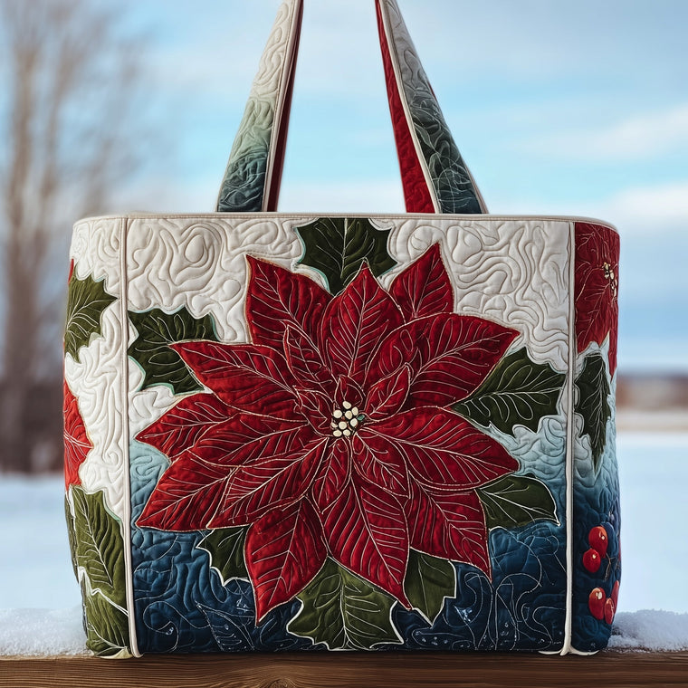 Red Poinsettia Flower Quilted Tote