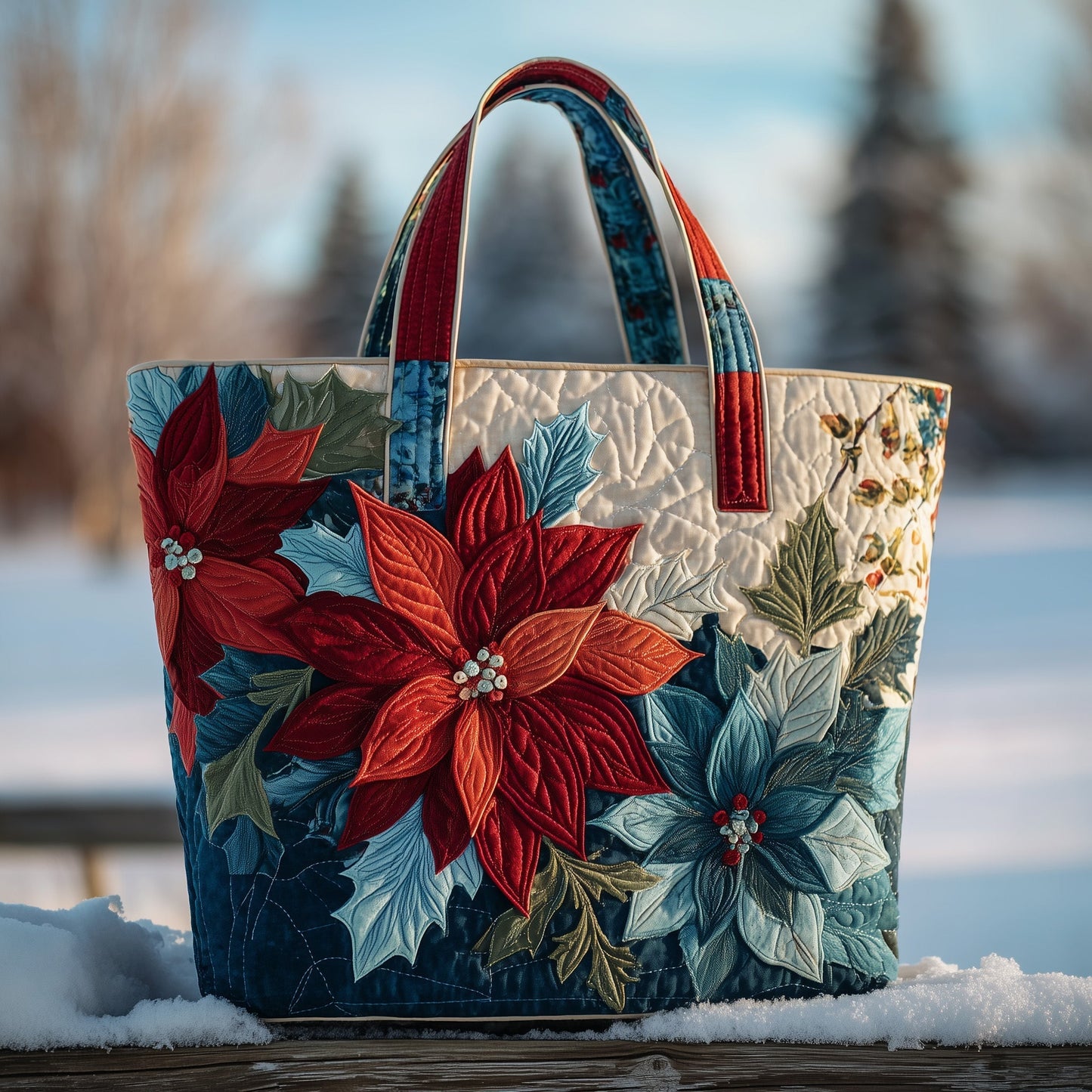 Red Poinsettia Flowers Quilted Tote