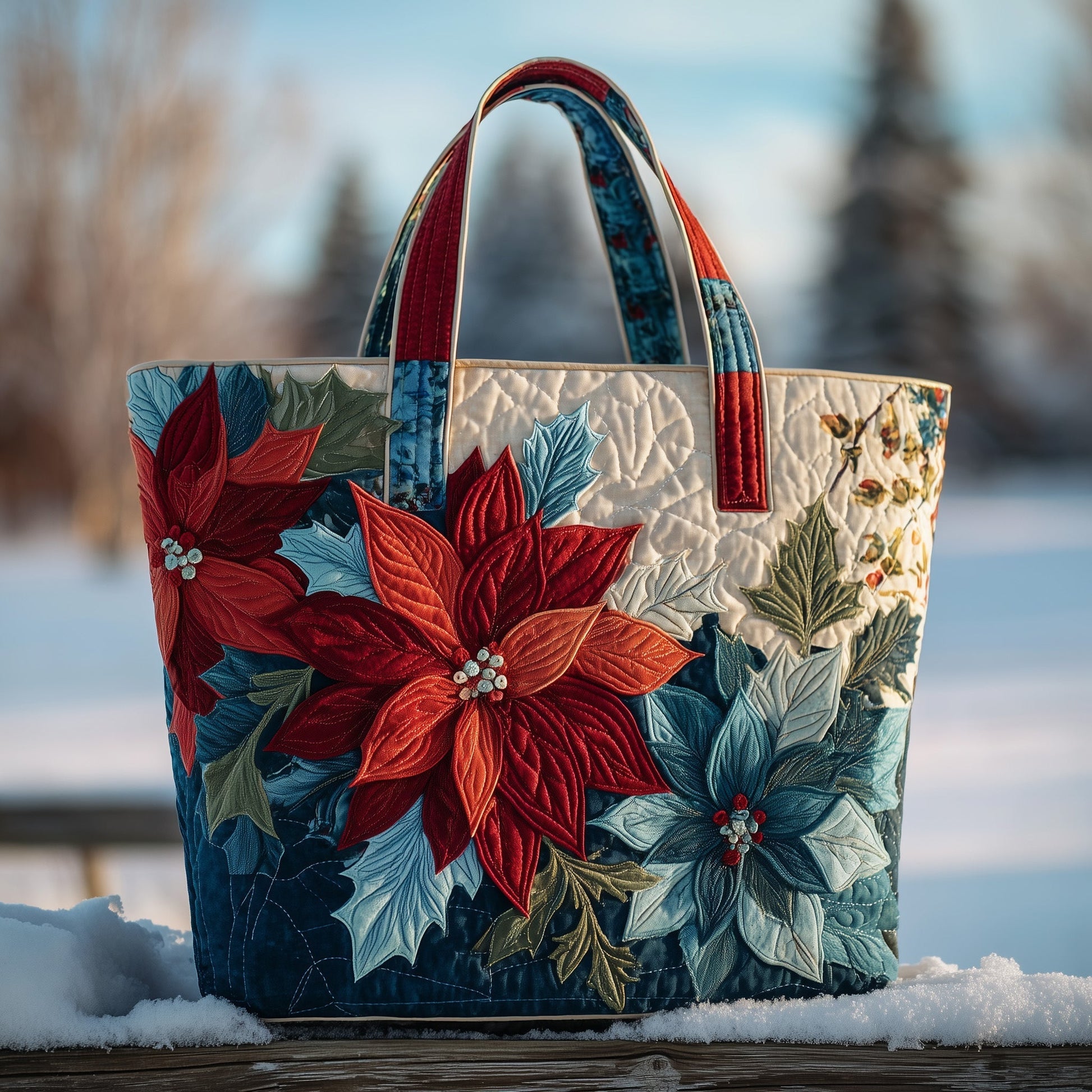 Red Poinsettia Flowers Quilted Tote