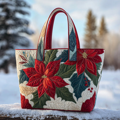 Poinsettia Holiday Flowers Quilted Tote
