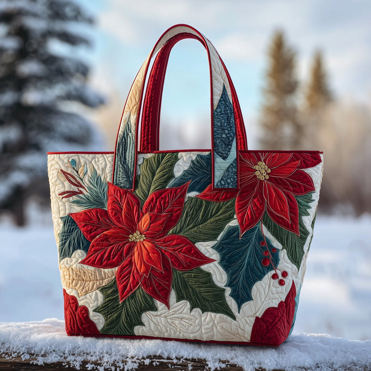 Poinsettia Holiday Flowers Quilted Tote