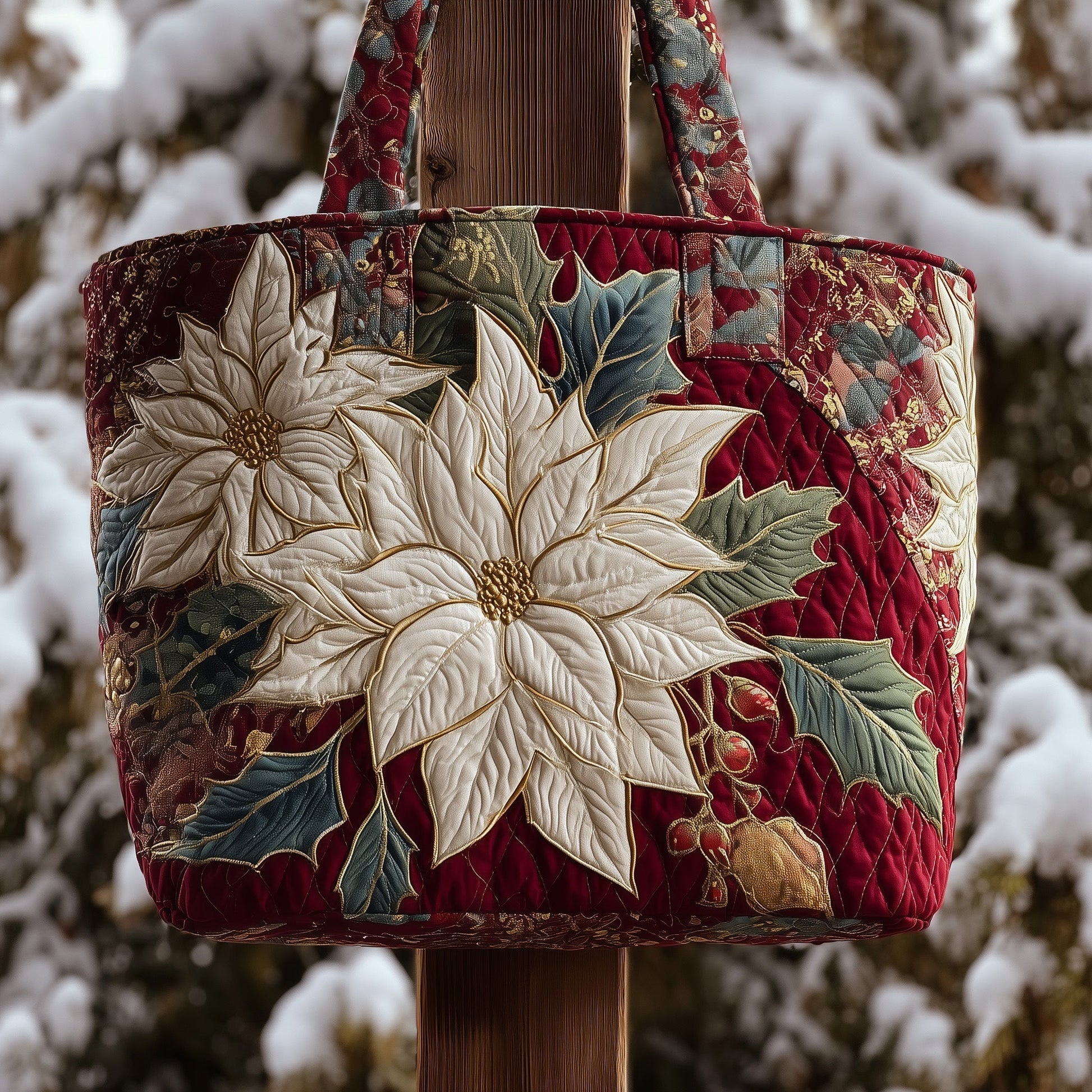 White Poinsettia Floral Quilted Tote
