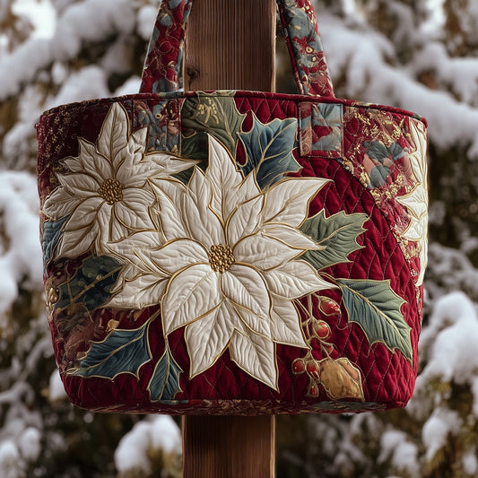 White Poinsettia Floral Quilted Tote