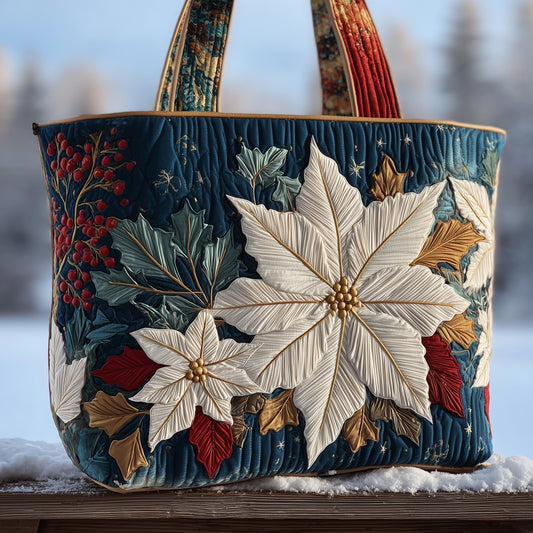 White Poinsettia Flowers Quilted Tote